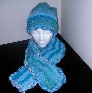 Muti-Blue crochet hat and scarf